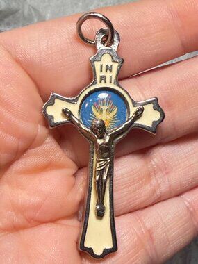 Vintage St. Benedict Crucifix Pendant Blue Enamel Italy Religious Charm